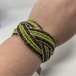 World Market Bohemian Brown, Green & Silver Tone Seed Beaded Wire Cuff Bracelet